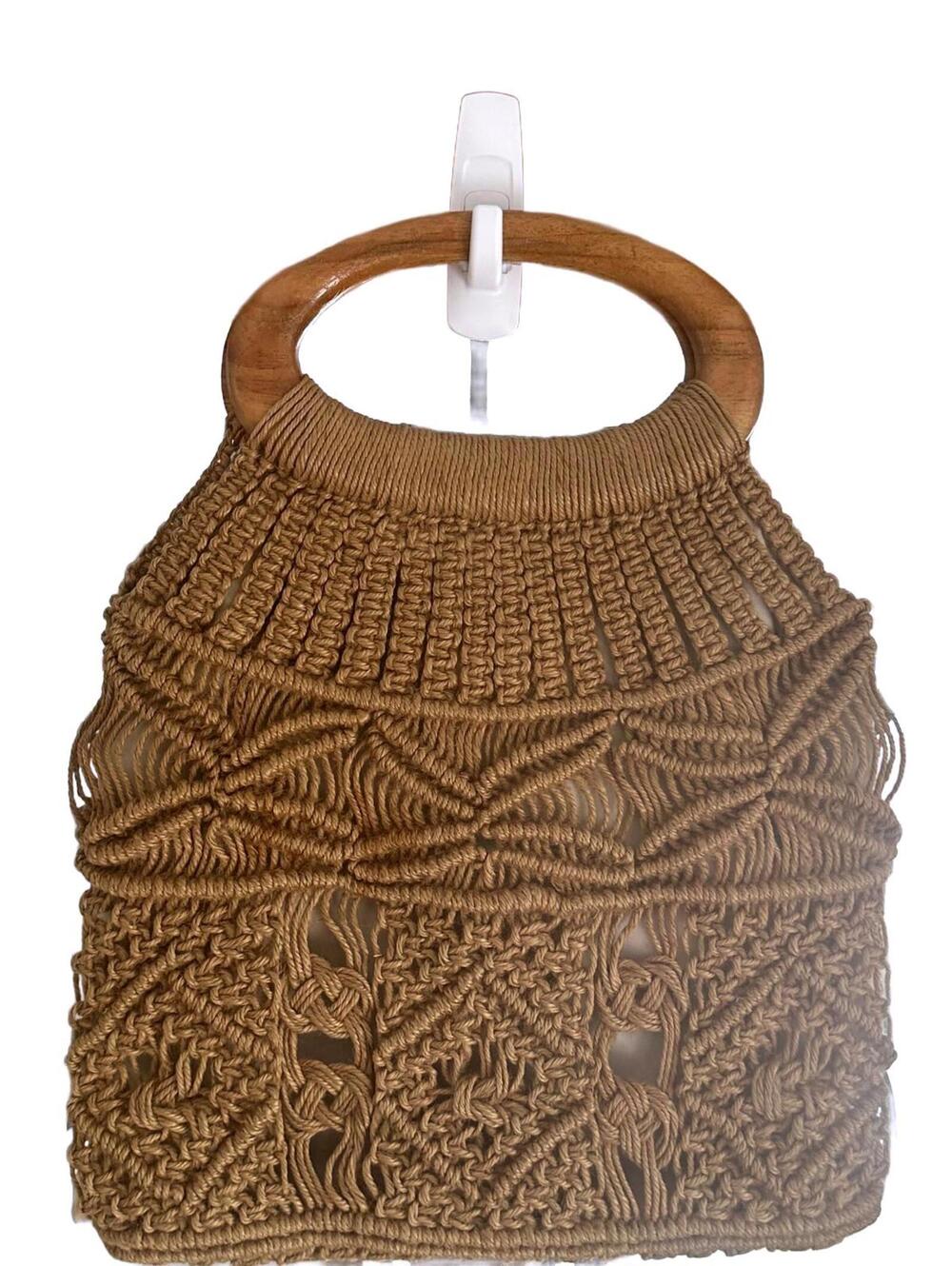 Handcrafted Boho Macramé Hand Bag with Wooden Handle